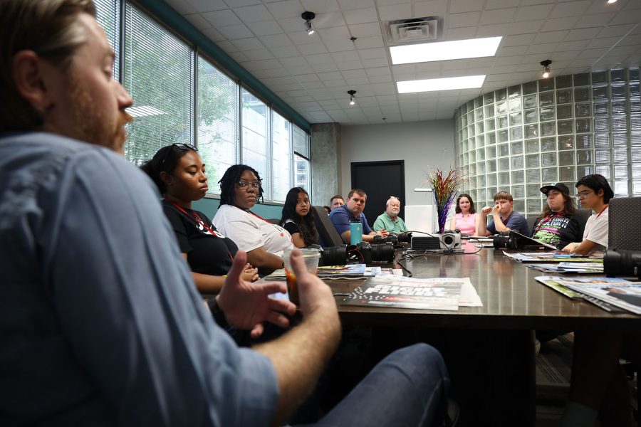 Editor-in-chief of the Nashville Scene, Patrick Rogers, explains different aspects of the newsroom to Exposure students. Exposure students toured three different newsrooms in Nashville on June 7.